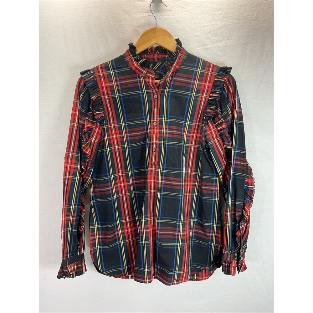 J Crew Classic-Fit Ruffle Popover Tartan SM Stewart Plaid Holiday‎ red black